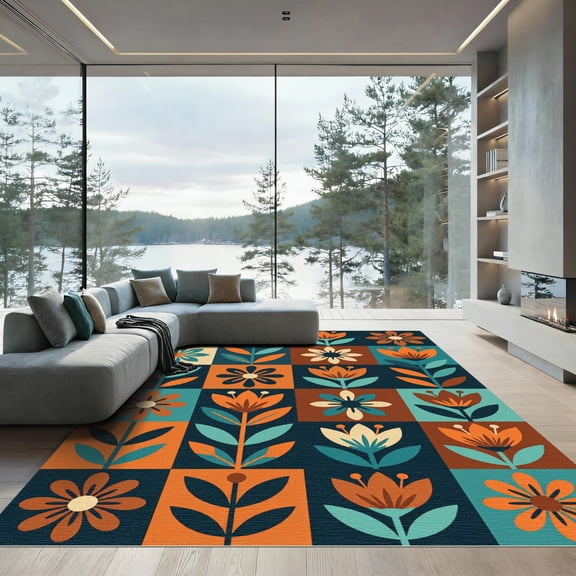 ODIKA 6'x9' Machine Washable Non-Slip Area Rug, Mid Century Modern Burnt Orange High Traffic Rug, Orange, 1153608