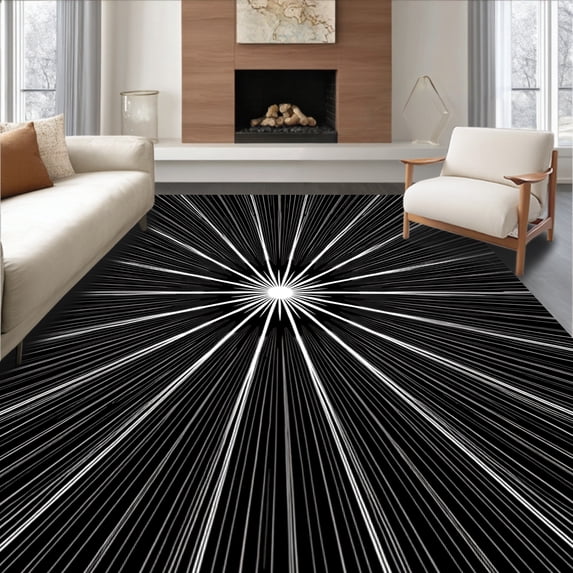 ODIKA 6'x9' Machine Washable Non-Slip Area Rug, Midnight Starburst Radial Contemporary Floor Covering High Traffic Rug with Pad, Black, 556502