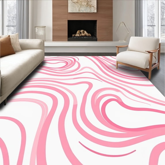 ODIKA 6'x9' Machine Washable Non-Slip Area Rug, Minimalist Abstract Swirl with Curves and Fluid Lines High Traffic Rug, Pink, 463724
