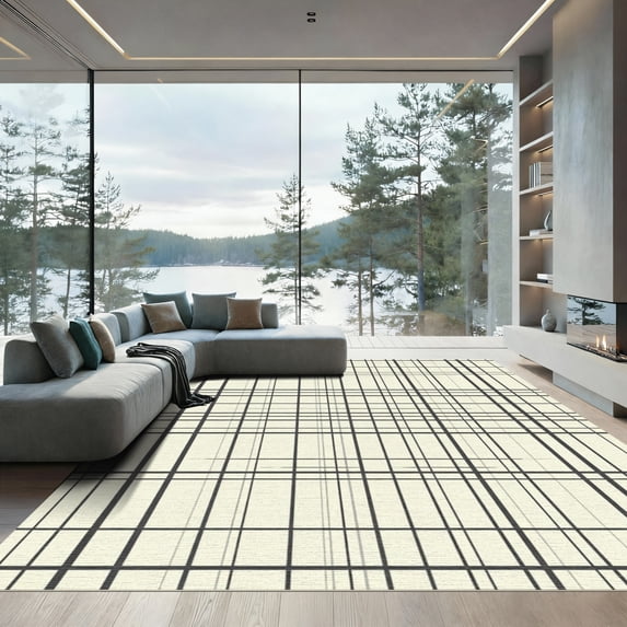 ODIKA 6'x9' Machine Washable Non-Slip Area Rug, Minimalist Geometric Ivory and Black with Intersecting Lines High Traffic Rug, Beige, 890994