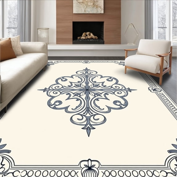 ODIKA 6'x9' Machine Washable Non-Slip Area Rug, Minimalist Medallion Scrollwork with Ornate Filigree Accents High Traffic Rug, Ivory, 661303