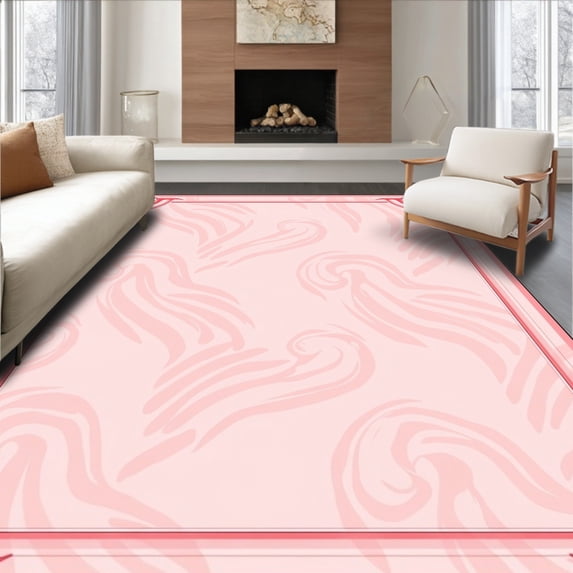 ODIKA 6'x9' Machine Washable Non-Slip Area Rug, Minimalist Wave Floor With Curved Trim Ornamental Design High Traffic Rug with Pad, Pink, 461994