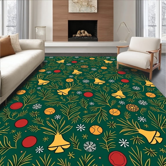 ODIKA 6'x9' Machine Washable Non-Slip Area Rug, Modern Interlocking Fir and Festive Bell Accents Christmas High Traffic Rug, Green, 626091