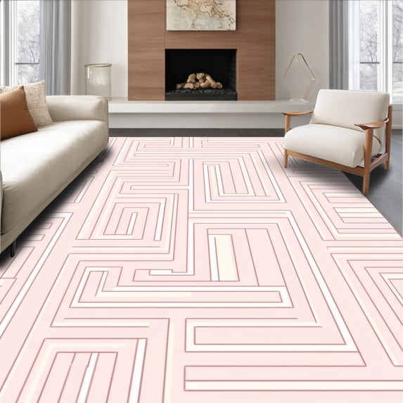 ODIKA 6'x9' Machine Washable Non-Slip Area Rug, Modern Interlocking Maze Design with Subtle Symmetrical Motifs High Traffic Rug with Pad, Pink, 531899