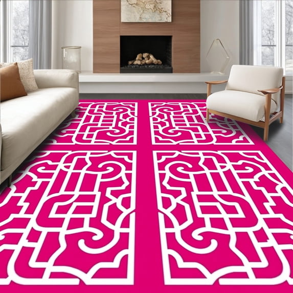 ODIKA 6'x9' Machine Washable Non-Slip Area Rug, Modern Lattice Interwoven Trellis Trendy Contemporary Stylish Design High Traffic Rug with Pad, Pink, 449012
