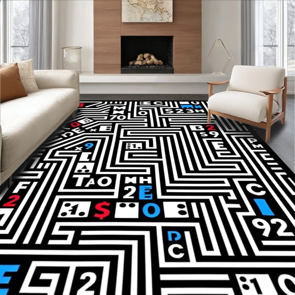 ODIKA 6'x9' Machine Washable Non-Slip Area Rug, Modern Monochrome ABC Maze with Playful Number Motifs High Traffic Rug, Black, 698554
