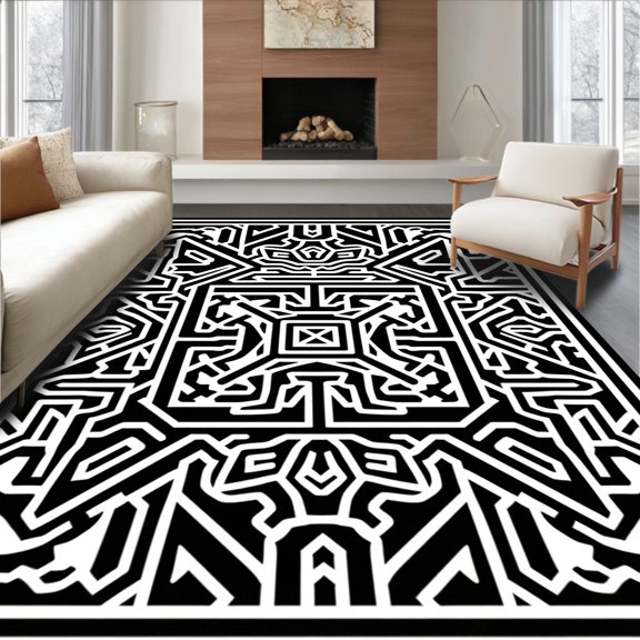 ODIKA 6'x9' Machine Washable Non-Slip Area Rug, Monochrome Inspired Labyrinth with Interlocking Details High Traffic Rug, Black, 522614