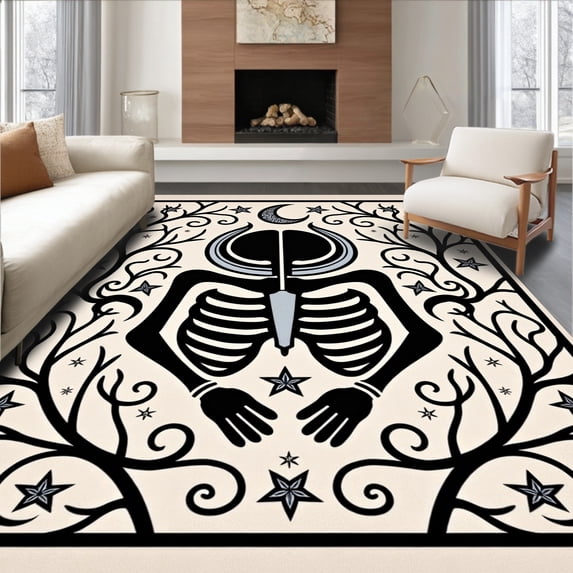 ODIKA 6'x9' Machine Washable Non-Slip Area Rug, Moonlit Skeleton with Twisted Branches and Stars High Traffic Rug with Pad, Ivory, 620215