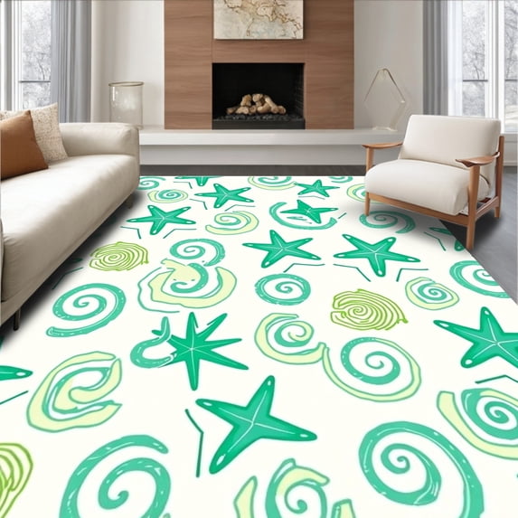ODIKA 6'x9' Machine Washable Non-Slip Area Rug, Motif with Stylized Starfish and Spiral Seashells High Traffic Rug with Pad, Green, 703022
