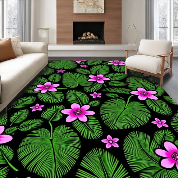 ODIKA 6'x9' Machine Washable Non-Slip Area Rug, Mystic Jungle Tropical Rainforest Vibrant Exotic High Traffic Rug, Black, 497819