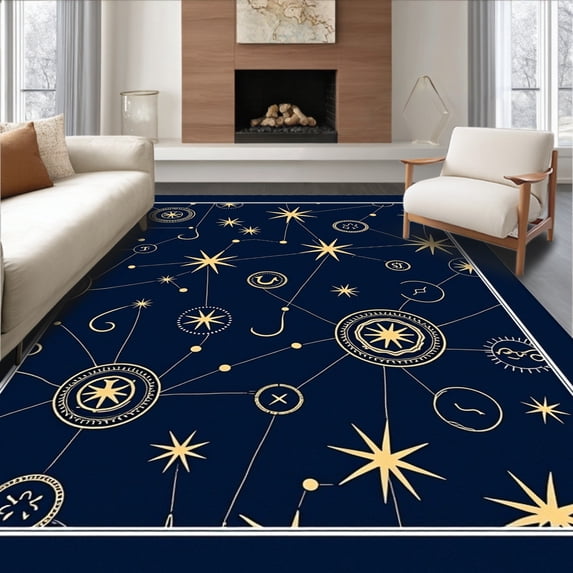 ODIKA 6'x9' Machine Washable Non-Slip Area Rug, Mystical Constellation Circular Floor High Traffic Rug, Blue, 667567