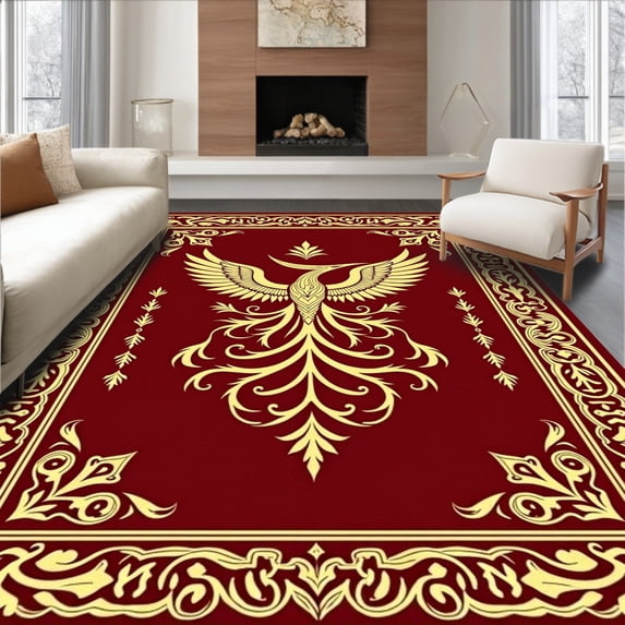 ODIKA 6'x9' Machine Washable Non-Slip Area Rug, Mystical Dragon Phoenix Fire Legendary Beast Floor Covering High Traffic Rug, Red, 724016