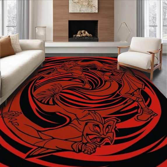 ODIKA 6'x9' Machine Washable Non-Slip Area Rug, Mystical Dragon Warrior Decorative Floor with Intricate Battle Scene High Traffic Rug, Red, 701062