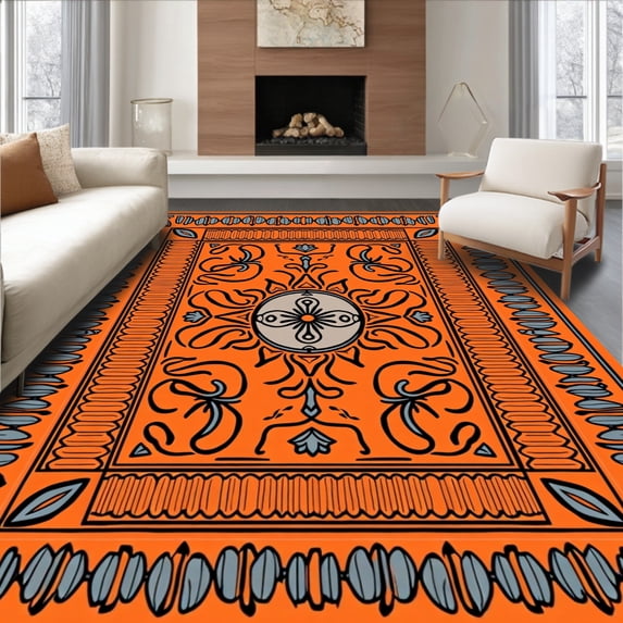 ODIKA 6'x9' Machine Washable Non-Slip Area Rug, Mystical Eastern Swirl Delicate High Traffic Rug with Pad, Orange, 545651