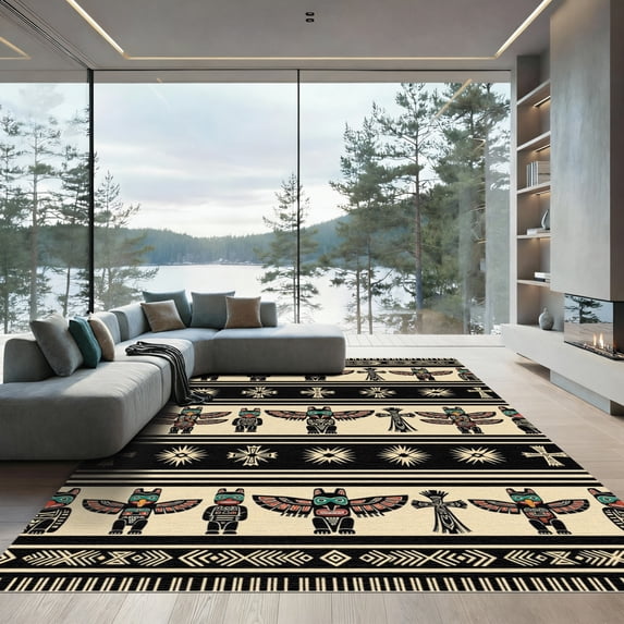 ODIKA 6'x9' Machine Washable Non-Slip Area Rug, Native Black High Traffic Rug, Beige, 994859