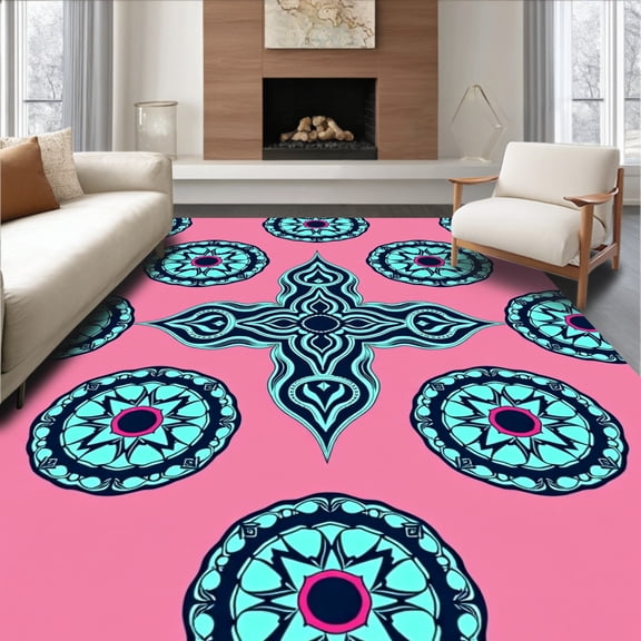 ODIKA 6'x9' Machine Washable Non-Slip Area Rug, Nautical Compass Rose Medallion Traditional Ornate Decorative Motif High Traffic Rug, Pink, 489607