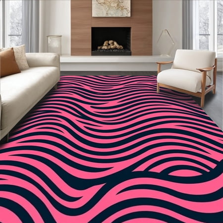 ODIKA 6'x9' Machine Washable Non-Slip Area Rug, Nautical Wave Ripple Maritime Vessel Deck Covering High Traffic Rug, Pink, 581009