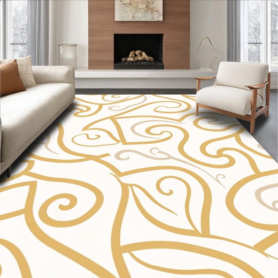 ODIKA 6'x9' Machine Washable Non-Slip Area Rug, Nautilus Spiral Abstract Wave Formation High Traffic Rug, Gold, 532887