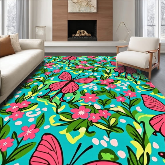 ODIKA 6x9 Machine Washable Non-Slip Area Rug, Needle Crochet Yarn Garden Meadow Hooked Wall Hanging High Traffic Rug, Pink, 643879