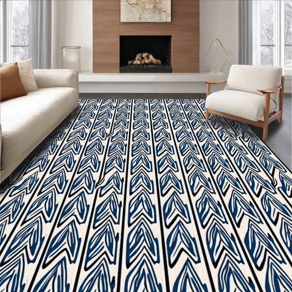 ODIKA 6'x9' Machine Washable Non-Slip Area Rug, Nordic Wave Motif with Minimalist Artistic Flair High Traffic Rug, Blue, 522060