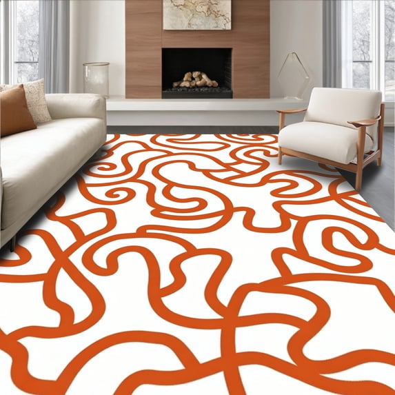 ODIKA 6'x9' Machine Washable Non-Slip Area Rug, Nordic Cloud with Curved Lines and Abstract Swirls High Traffic Rug, Orange, 531898