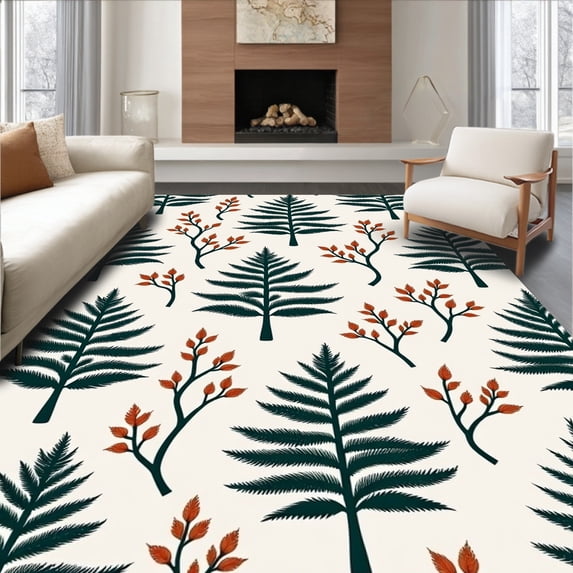 ODIKA 6'x9' Machine Washable Non-Slip Area Rug, Nordic Evergreen Branch Floor Christmas High Traffic Rug, Ivory, 732740
