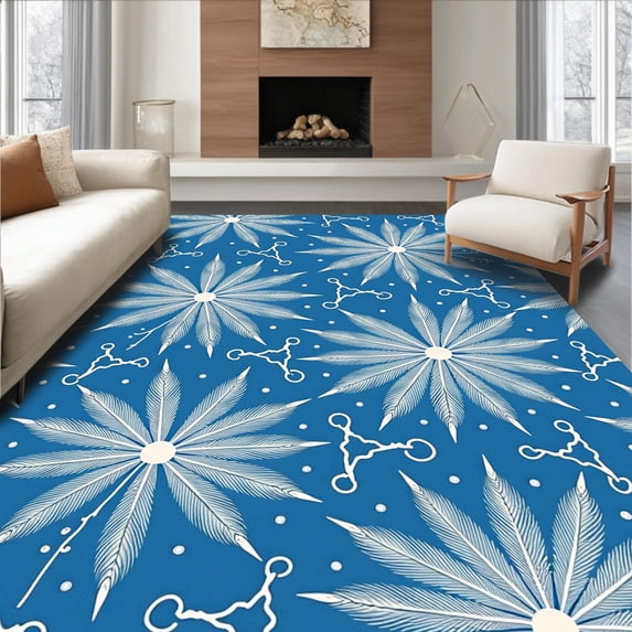 ODIKA 6'x9' Machine Washable Non-Slip Area Rug, Nordic Fir Branches and Starburst Ornaments Interlocking Winter Design High Traffic Rug, Blue, 617649