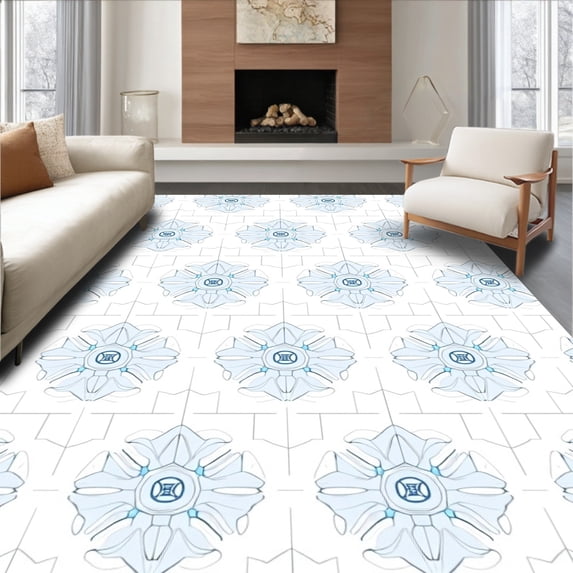 ODIKA 6'x9' Machine Washable Non-Slip Area Rug, Nordic Flower Kaleidoscope with Hexagonal Snow High Traffic Rug, White, 506166