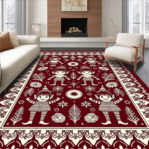 ODIKA 6'x9' Machine Washable Non-Slip Area Rug, Nordic Folklore Elf Dwelling Hearth Entrance Guards High Traffic Rug with Pad, Red, 628088