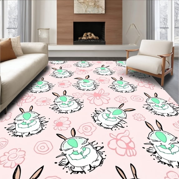 ODIKA 6'x9' Machine Washable Non-Slip Area Rug, Nordic Inspired Rabbit and Egg Ornament Design with Floral Scrollwork High Traffic Rug with Pad, Pink, 740424