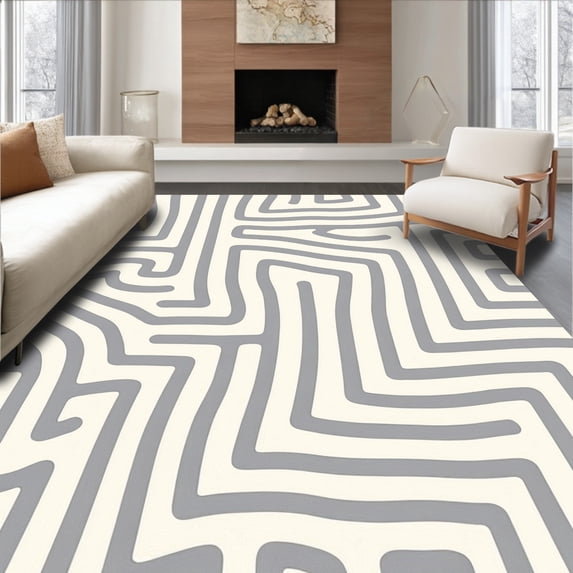 ODIKA 6'x9' Machine Washable Non-Slip Area Rug, Nordic Maze Interlocking Abstract Contemporary Design High Traffic Rug, Gray, 463923