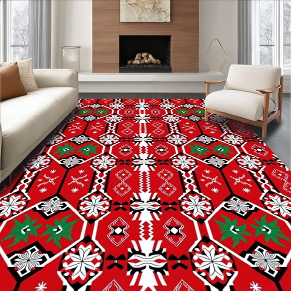 ODIKA 6'x9' Machine Washable Non-Slip Area Rug, Nordic Motif with Interlocking and Festive Pine Details High Traffic Rug, Red, 604221
