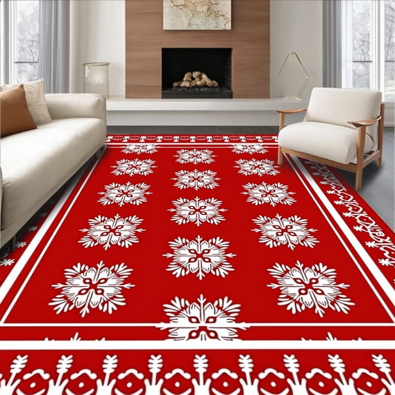 ODIKA 6'x9' Machine Washable Non-Slip Area Rug, Nordic Santa Sleigh Checkered Interlocking Yuletide Design High Traffic Rug, Red, 623104
