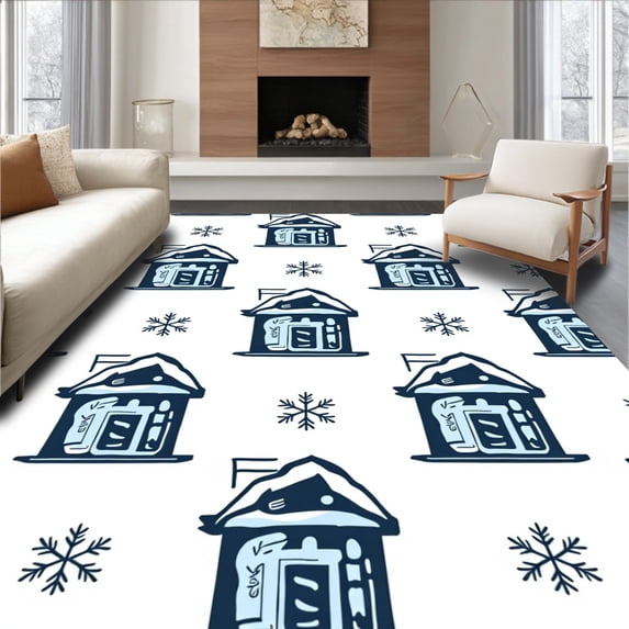 ODIKA 6'x9' Machine Washable Non-Slip Area Rug, Nordic Snowfall Cabin Hearth Decorations High Traffic Rug, Blue, 651830