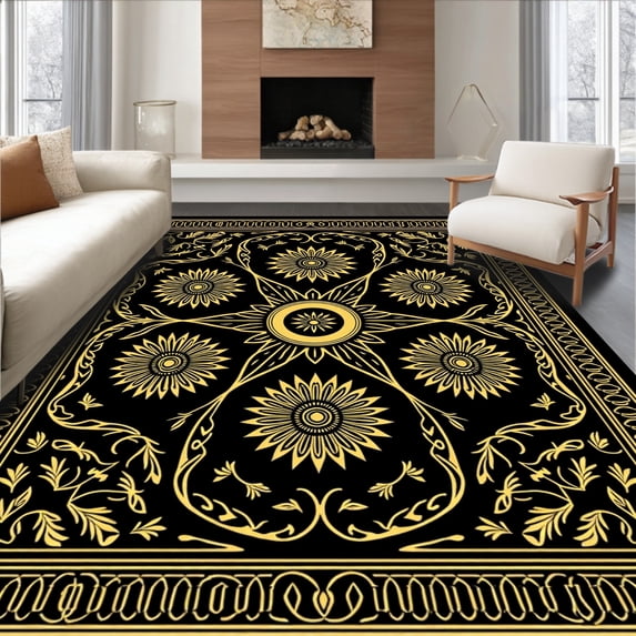 ODIKA 6'x9' Machine Washable Non-Slip Area Rug, Nordic Starburst and Holly Seasonal Accent Design High Traffic Rug, Black, 738270