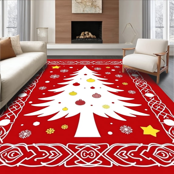 ODIKA 6x9 Machine Washable Non-Slip Area Rug, Nordic Winter Pine Embroidery Cushion Design with Festive Baubles High Traffic Rug, Red, 649484
