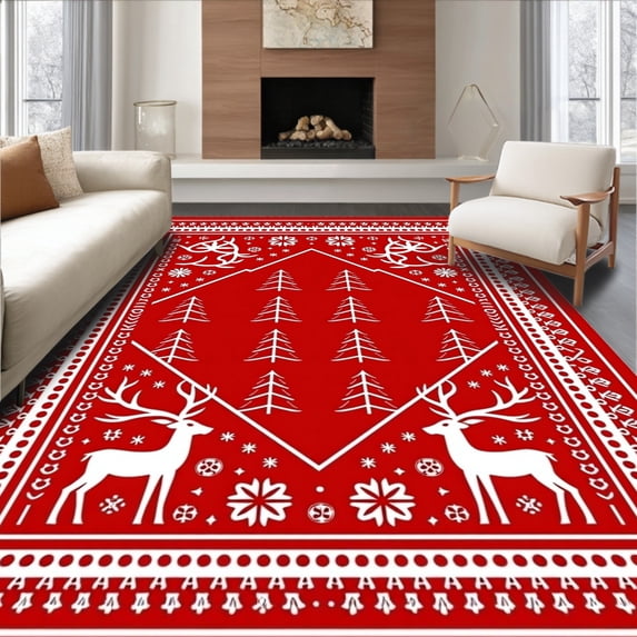 ODIKA 6'x9' Machine Washable Non-Slip Area Rug, Nordic Yuletide Celebration Decorative Seasonal Hearth Accent High Traffic Rug, Red, 623244