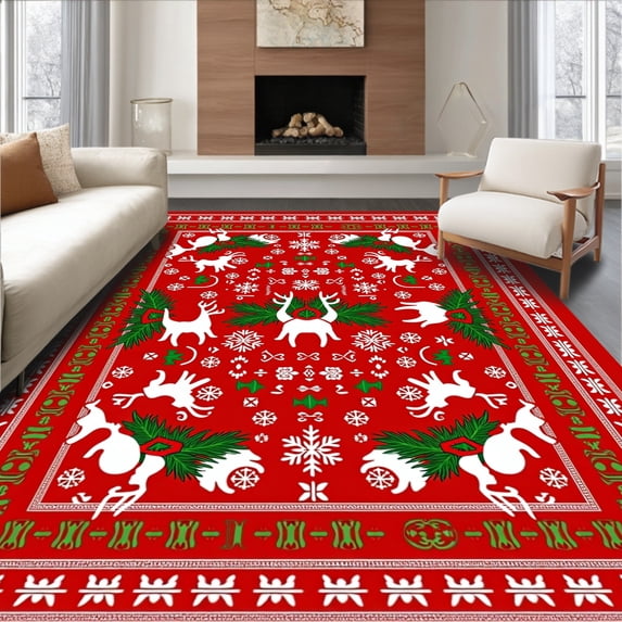 ODIKA 6'x9' Machine Washable Non-Slip Area Rug, Nordic Yuletide Folk Reindeer Motif with Pine and Snowflake High Traffic Rug, Red, 739317