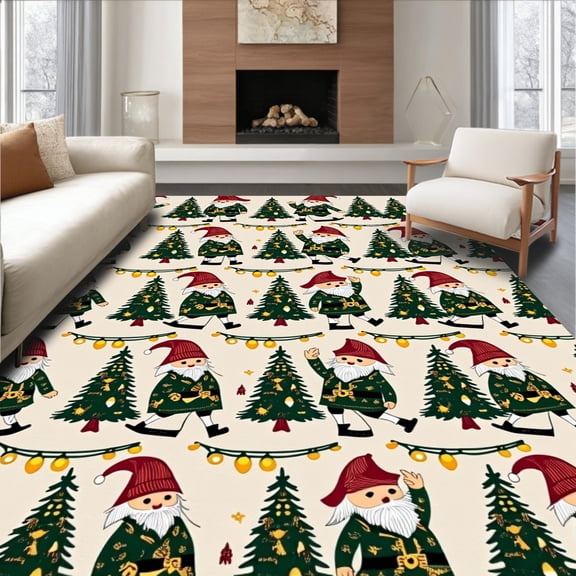 ODIKA 6'x9' Machine Washable Non-Slip Area Rug, Nordic Yuletide Gnome Parade with Pine Trees and Festive Light Design High Traffic Rug, Green, 628114