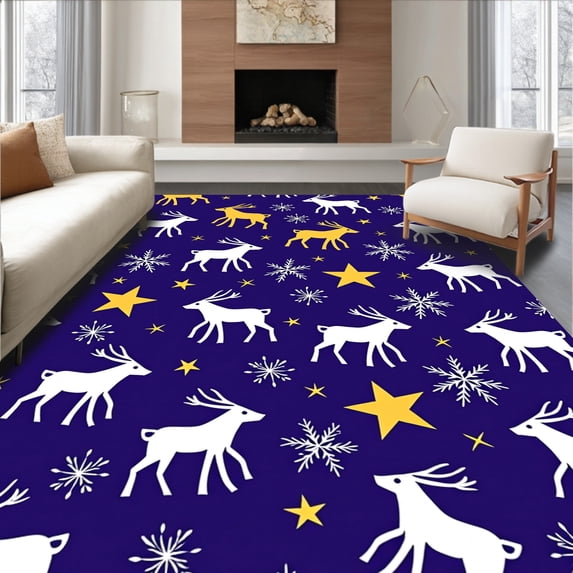 ODIKA 6'x9' Machine Washable Non-Slip Area Rug, Nordic and Reindeer Christmas with Snowdrift High Traffic Rug, Blue, 621744