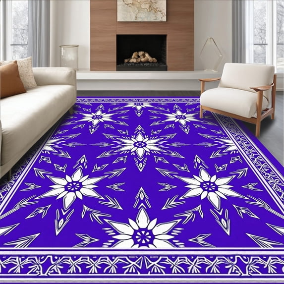 ODIKA 6'x9' Machine Washable Non-Slip Area Rug, Nordic with Radiant Snow Starburst Highlights High Traffic Rug, Purple, 629837