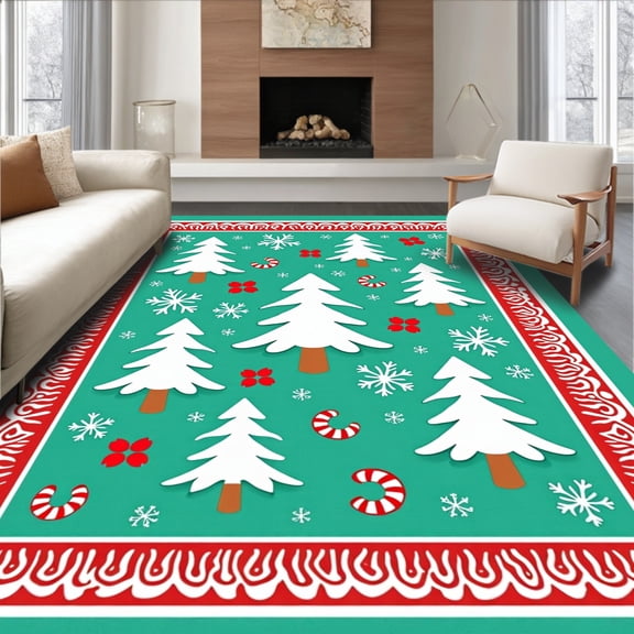 ODIKA 6'x9' Machine Washable Non-Slip Area Rug, North Pole Wonderland Fir Display High Traffic Rug, Blue, 607353