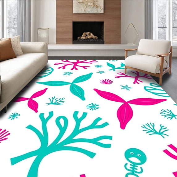 ODIKA 6'x9' Machine Washable Non-Slip Area Rug, Ocean Mermaid Underwater Adventure Seahorse Fantasy High Traffic Rug with Pad, Pink, 724555