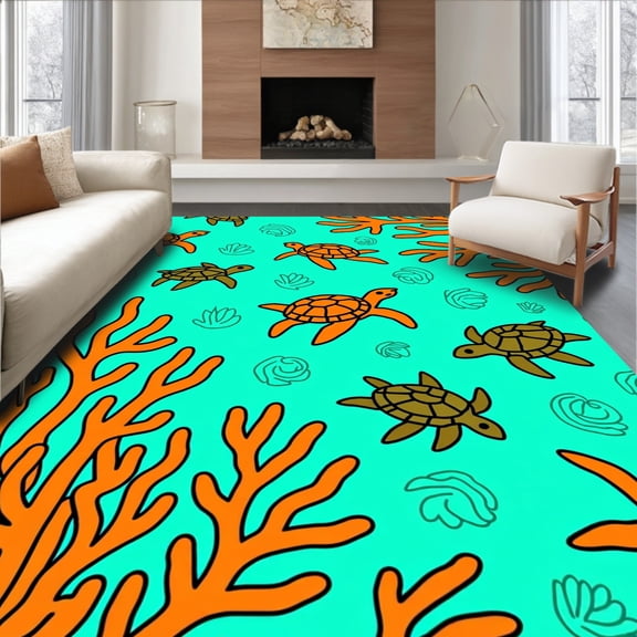 ODIKA 6'x9' Machine Washable Non-Slip Area Rug, Oceanic Swimming Bath Floor Covering High Traffic Rug, Turquoise, 718075