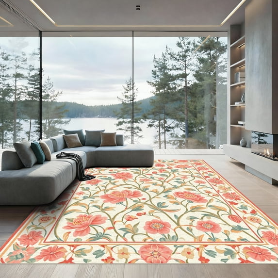 ODIKA 6'x9' Machine Washable Non-Slip Area Rug, Oriental Cream High Traffic Rug, Ivory, 1082322