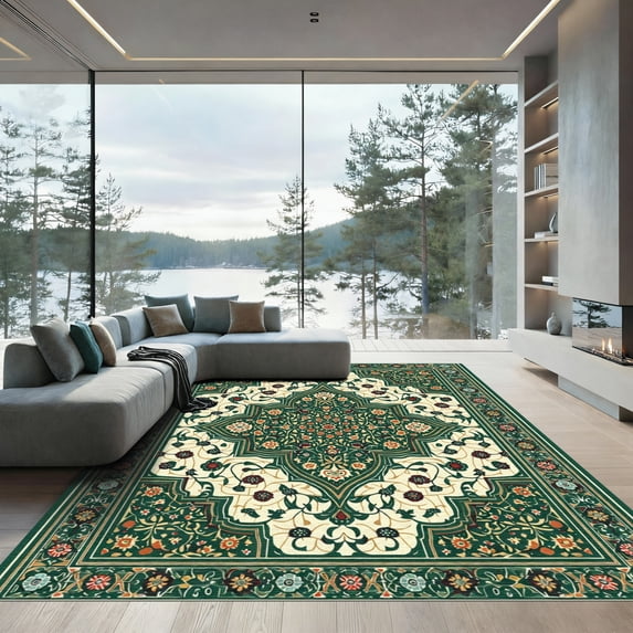ODIKA 6'x9' Machine Washable Non-Slip Area Rug, Oriental Dark Green High Traffic Rug, Green, 1058534