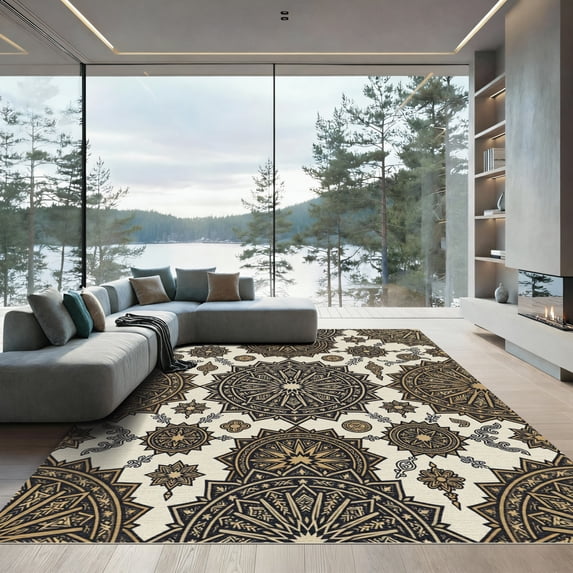 ODIKA 6'x9' Machine Washable Non-Slip Area Rug, Oriental Ivory High Traffic Rug, Ivory, 949568