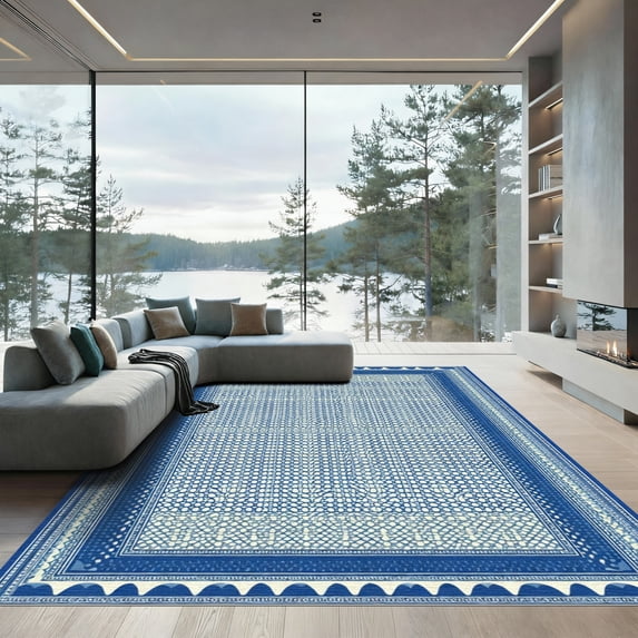 ODIKA 6'x9' Machine Washable Non-Slip Area Rug, Oriental Navy Blue High Traffic Rug, Blue, 1070228