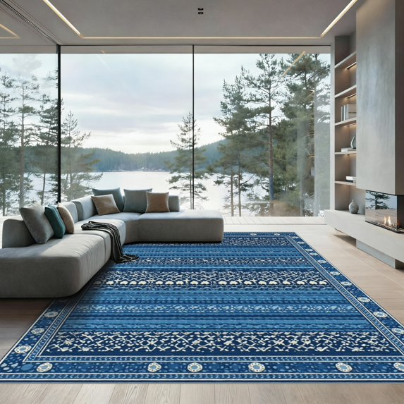 ODIKA 6'x9' Machine Washable Non-Slip Area Rug, Oriental Navy Blue High Traffic Rug, Blue, 1076297