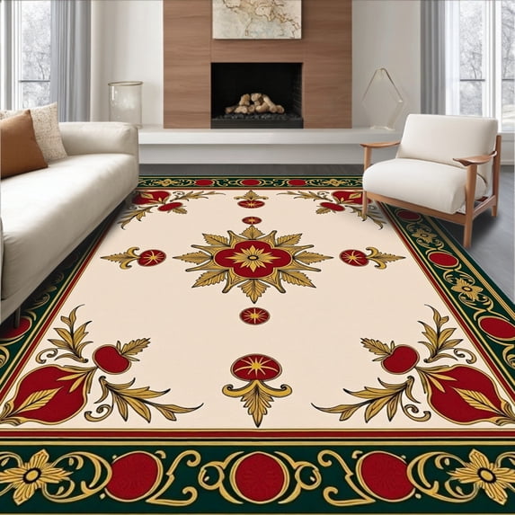 ODIKA 6'x9' Machine Washable Non-Slip Area Rug, Ornament Medallion with Golden Bell Embellishments High Traffic Rug, Ivory, 623368
